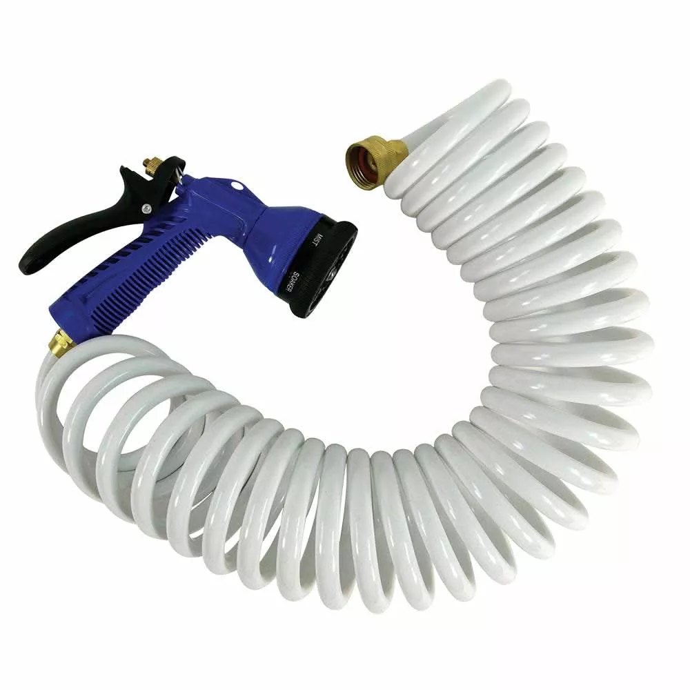 15' White Coiled Hosewith Adjustable Nozzle - P-0440