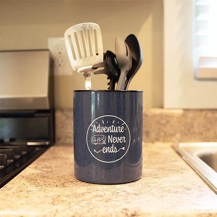 “Adventure Never Ends” Tin Utensil Holder