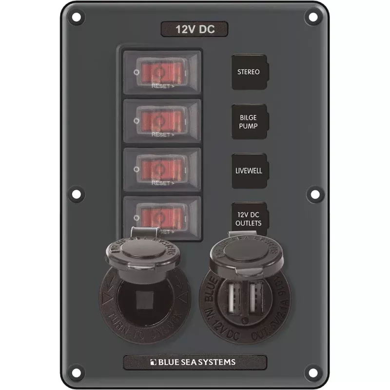 Blue Sea 4321 Circuit Breaker Switch Panel 4 Position – Gray w/12V SocketDual USB