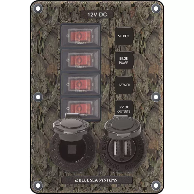 Blue Sea 4324 Circuit Breaker Switch Panel 4 Postion – Camo w/12V SocketDual USB