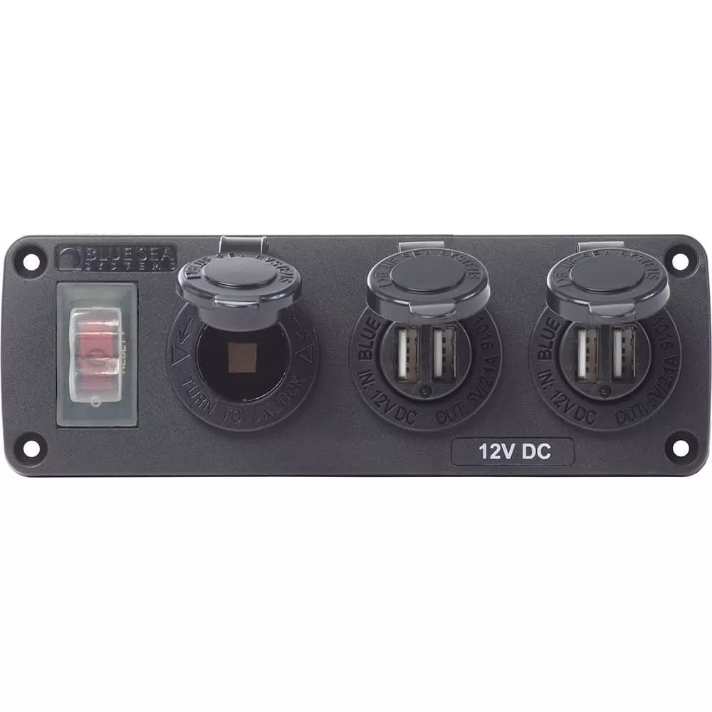 Blue Sea 4365 Water Resistant USB Accessory Panel – 15A Circuit Breaker, 12V Socket, 2x 2.1A Dual USB Chargers