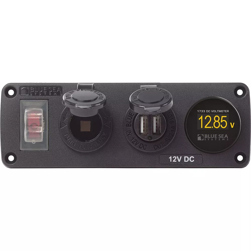 Blue Sea 4366 Water Resistant USB Accessory Panel – Circuit Breaker, 12V Socket, Dual USB Charger, Mini Voltmeter