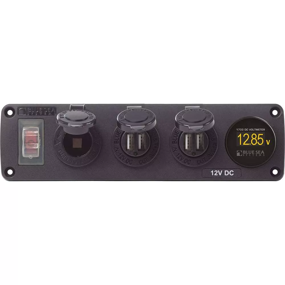 Blue Sea 4368 Water Resistant USB Accessory Panel – 12V Socket, 2x 2.1A Dual USB Chargers, Mini Voltmeter