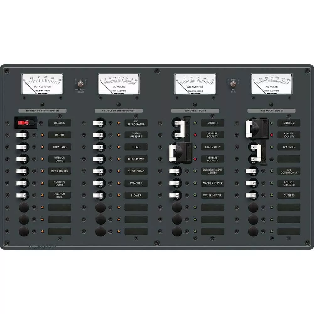 Blue Sea 8086 AC 3 Sources +12 Positions/DC Main +19 Position Toggle Circuit Breaker Panel – White Switches | 8086