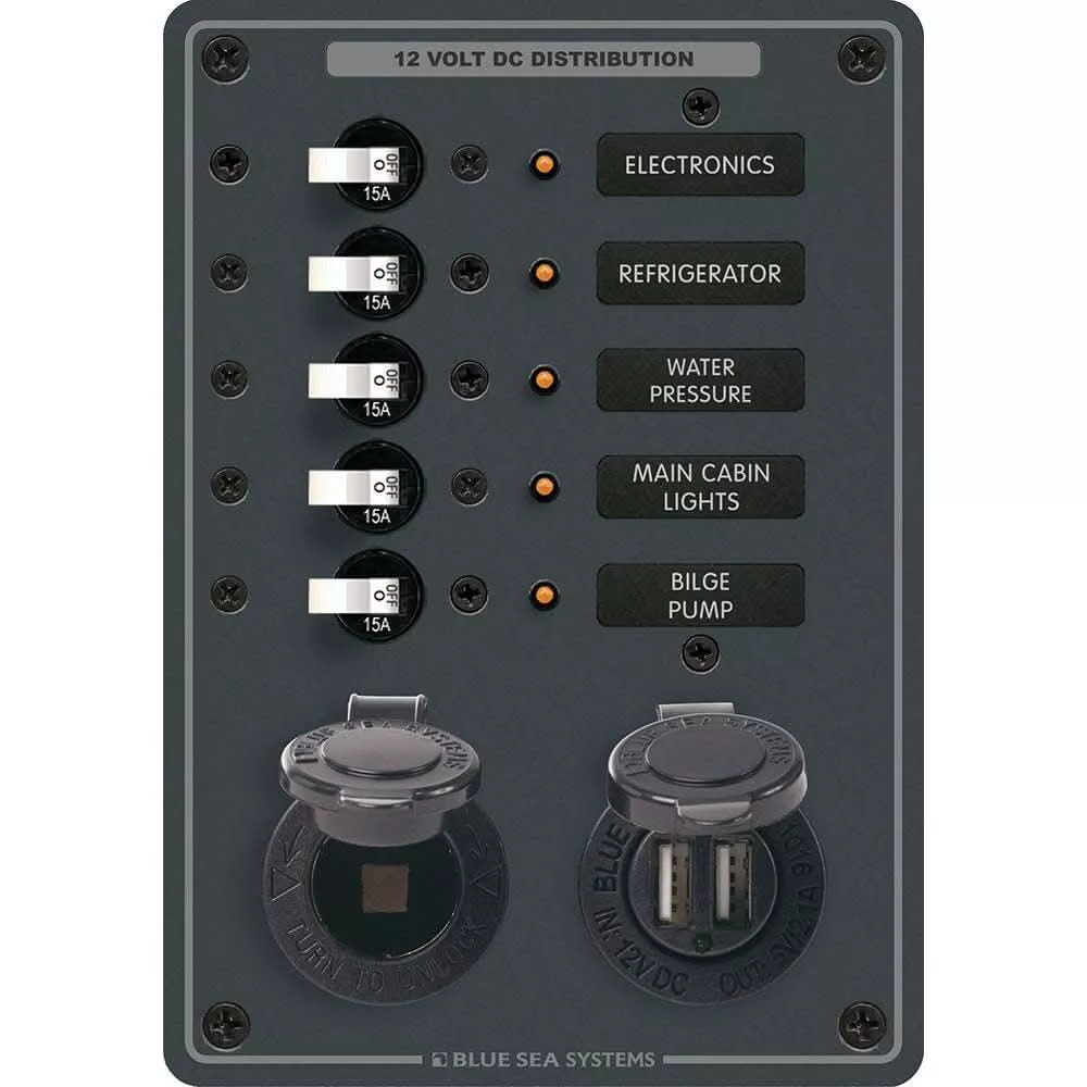 Blue Sea 8120 Breaker Panel 5 Position w/DC Socket & Dual USB - 8120