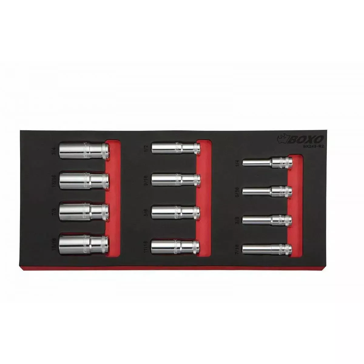 Boxo 12-Piece 3/8″ Drive SAE Deep 6-Point Socket Set | 1/3rd EVA Foam
