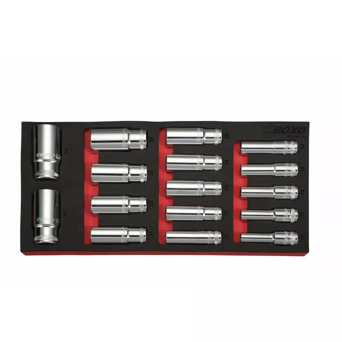 Boxo 16-Piece 1/2″ Drive Metric Deep Socket Set | 1/3rd EVA Foam