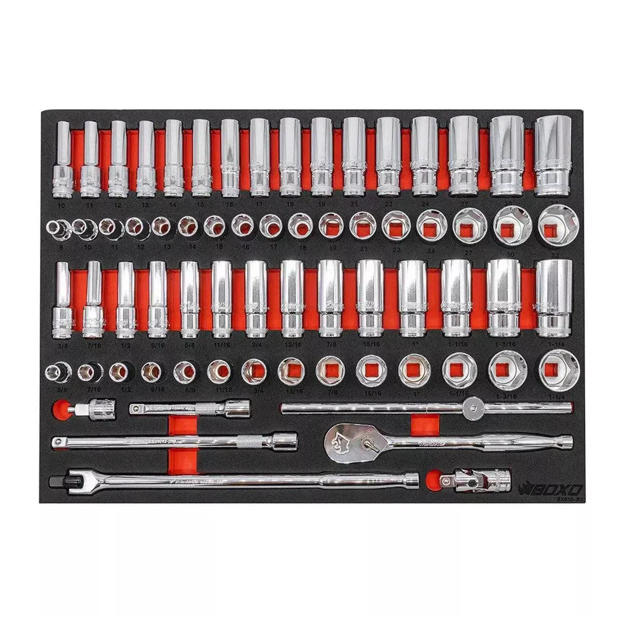 Boxo 68-Piece 1/2" Drive 6-Point Metric & SAE Master Chrome Socket Set | 3/3rd EVA Foam