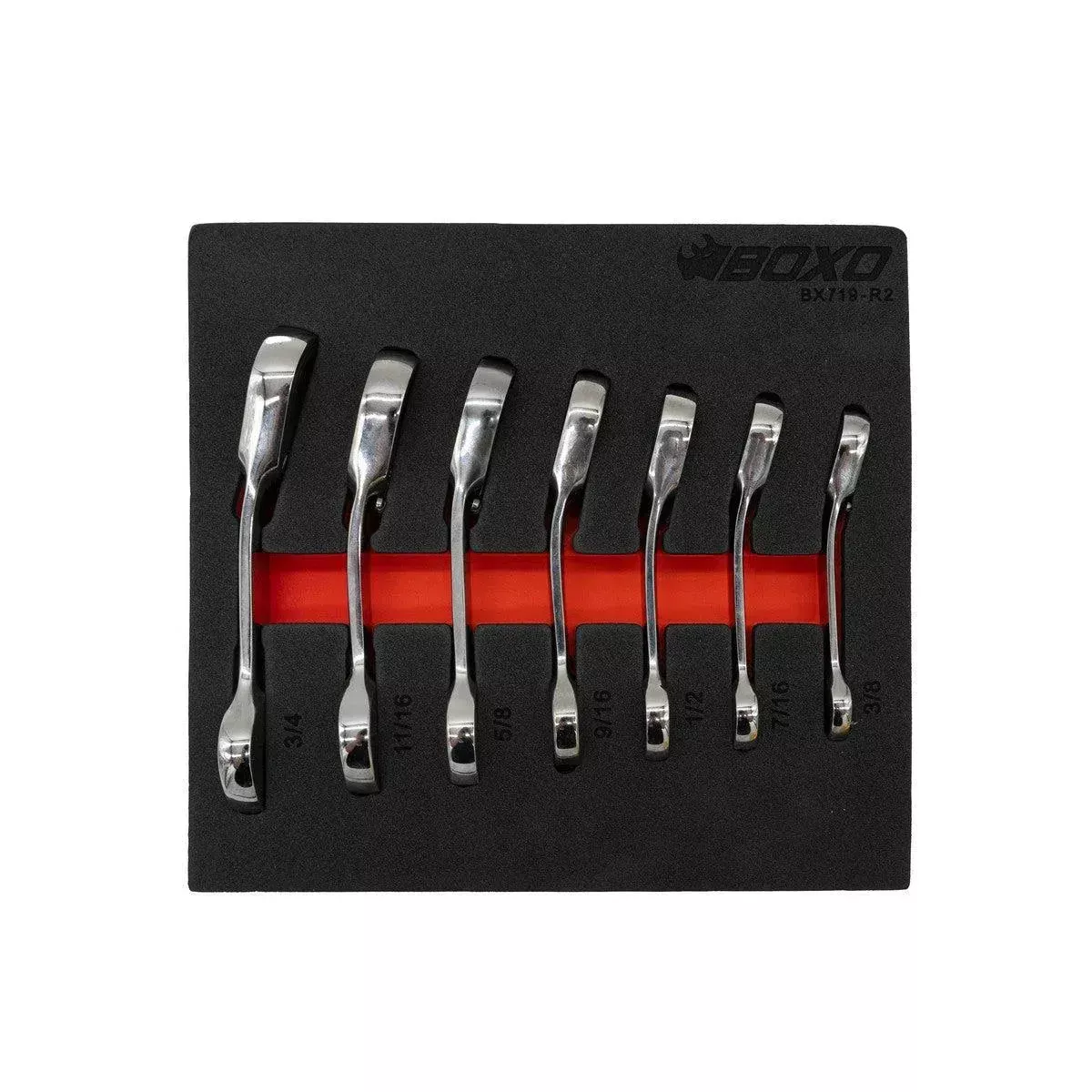 Boxo 7-Piece Stubby SAE Reversible Ratcheting Combo Wrench Set | 1/9th EVA Foam