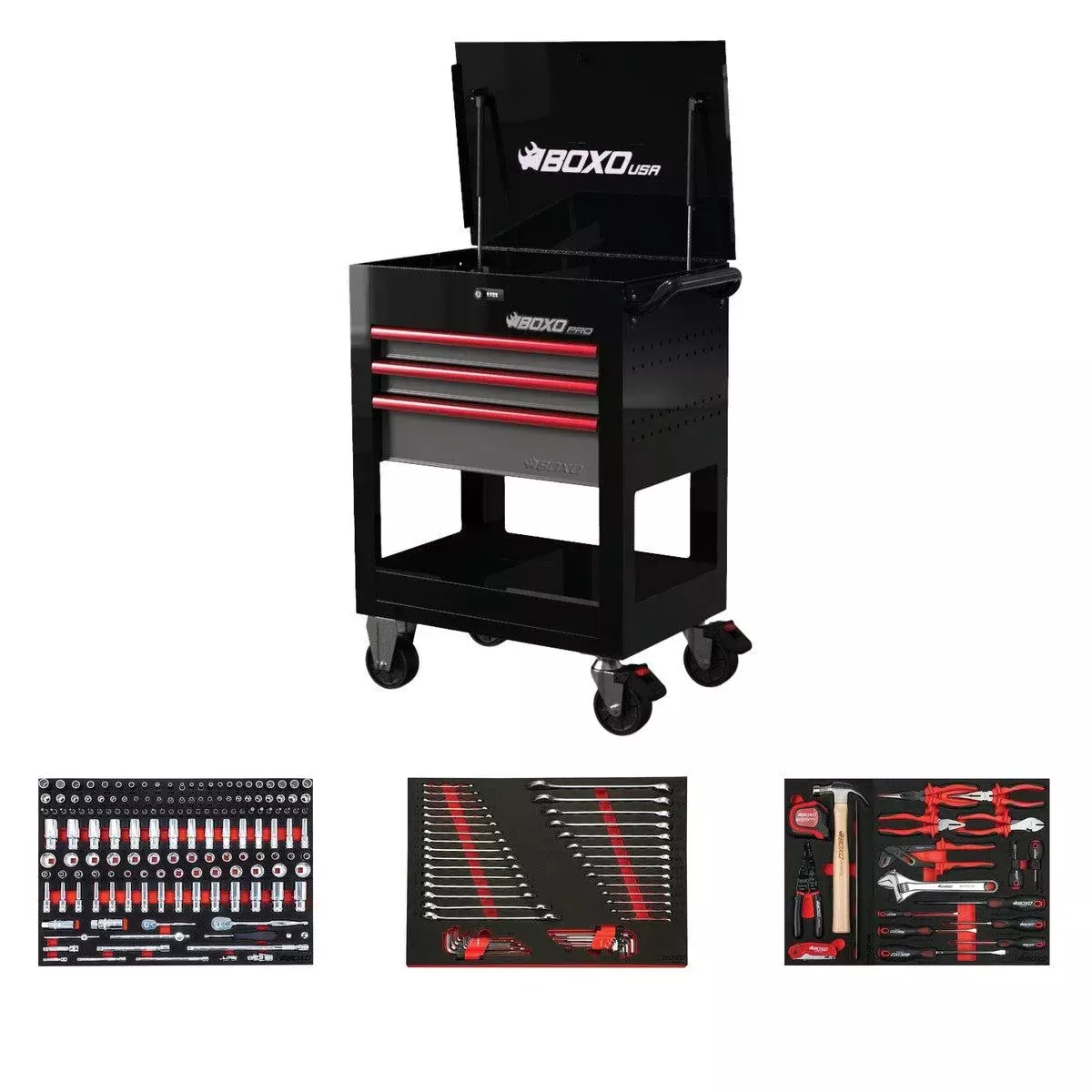 Boxo Pro Series | Loaded 28″ 3-Drawer Flip Top Service Cart Tool Box