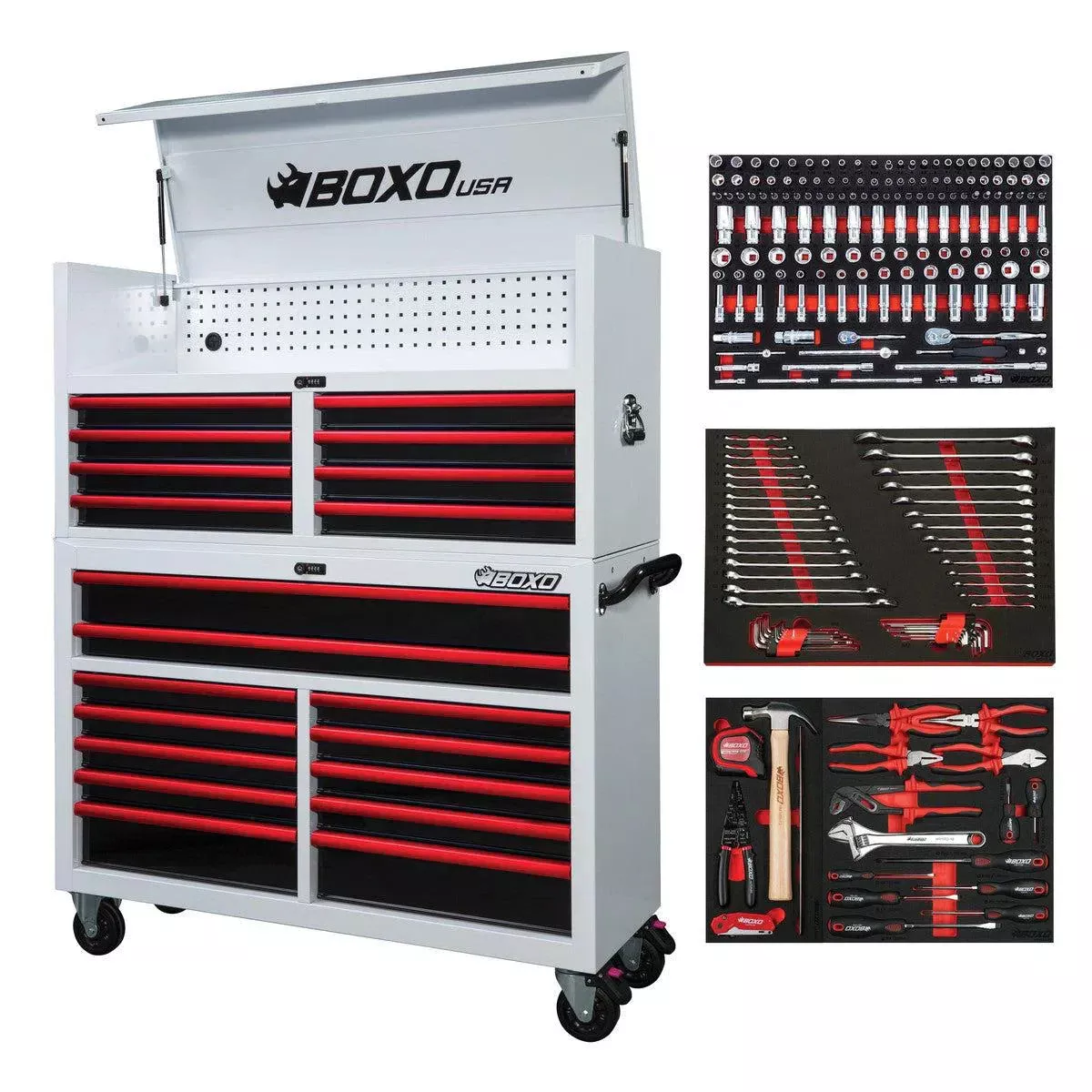 Boxo Pro Series | Loaded 53″ 20-Drawer Rolling Tool Box | White and Red