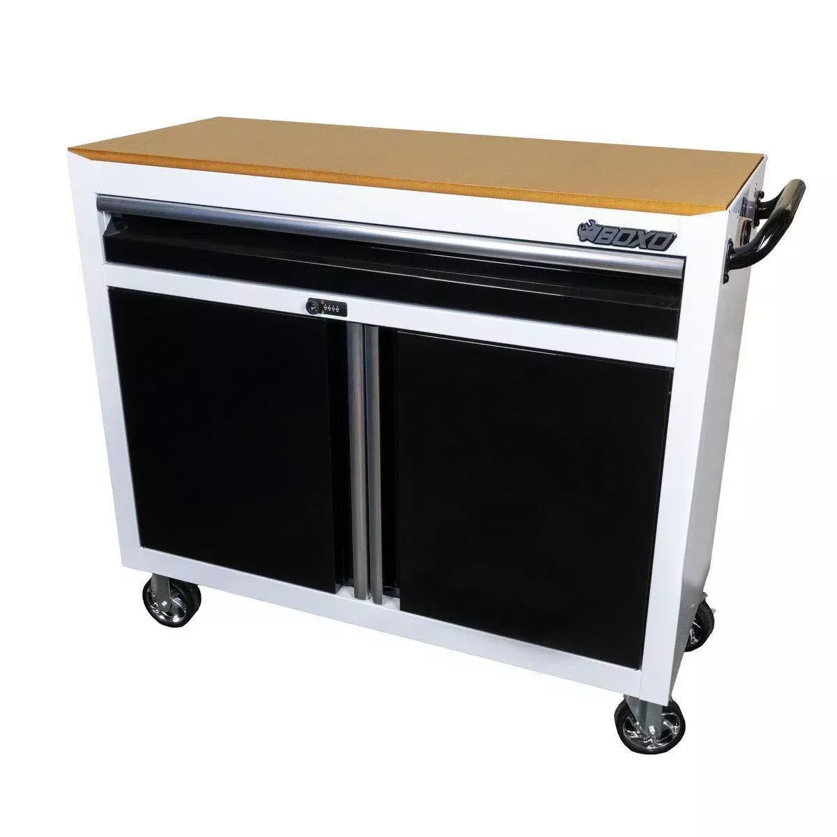 Boxo Tech Series | 45″ Rolling Display Cabinet with MDF Top | White