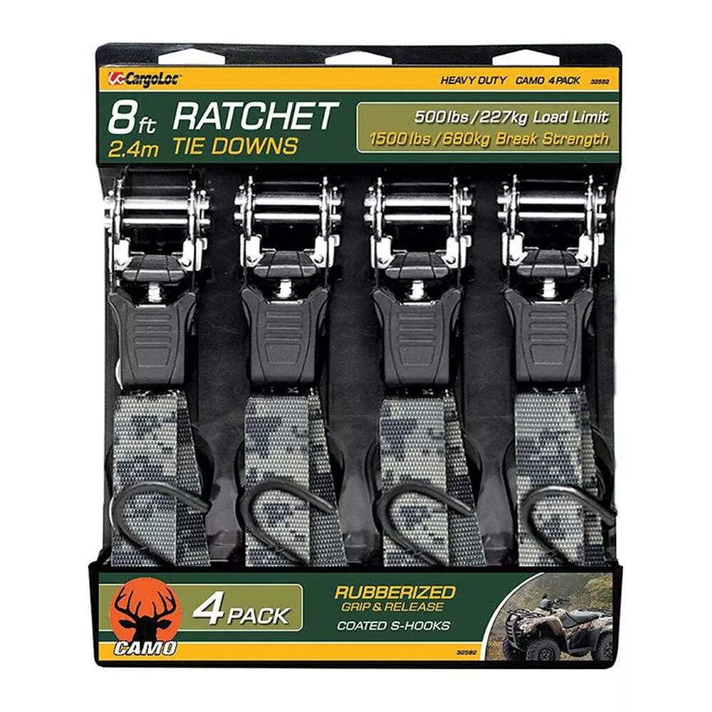 Camo 8'L x 1"W Ratchet Tie Downs, 4-Pack