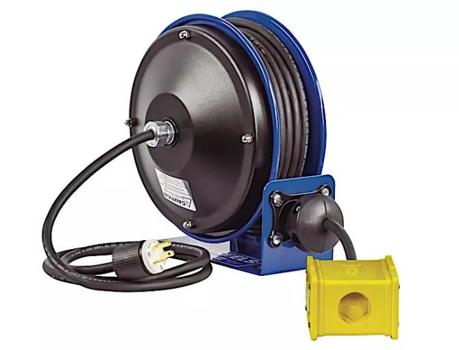 Cox Reels 30' Compact Spring Driven Cord Reel Quad Receptacle with 12GA Steel Base• PC10-3012-B
