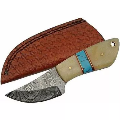 Damascus Steel Full Tang Fixed Blade Bone Turquoise Knife