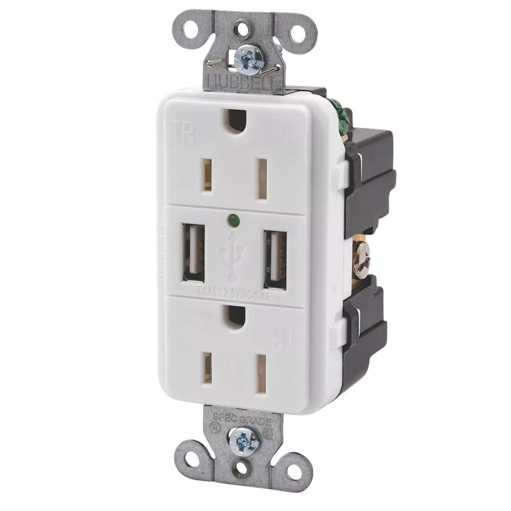 Double USB Charger with Double 110v outlet - White