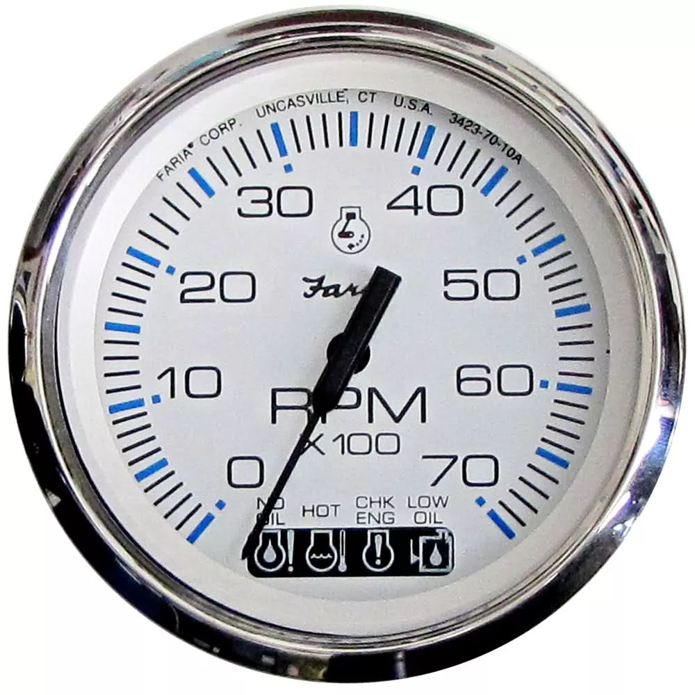 Faria Chesapeake White SS 4″ Tachometer w/Systemcheck Indicator – 7000 RPM (Gas) (Johnson/Evinrude Outboard)