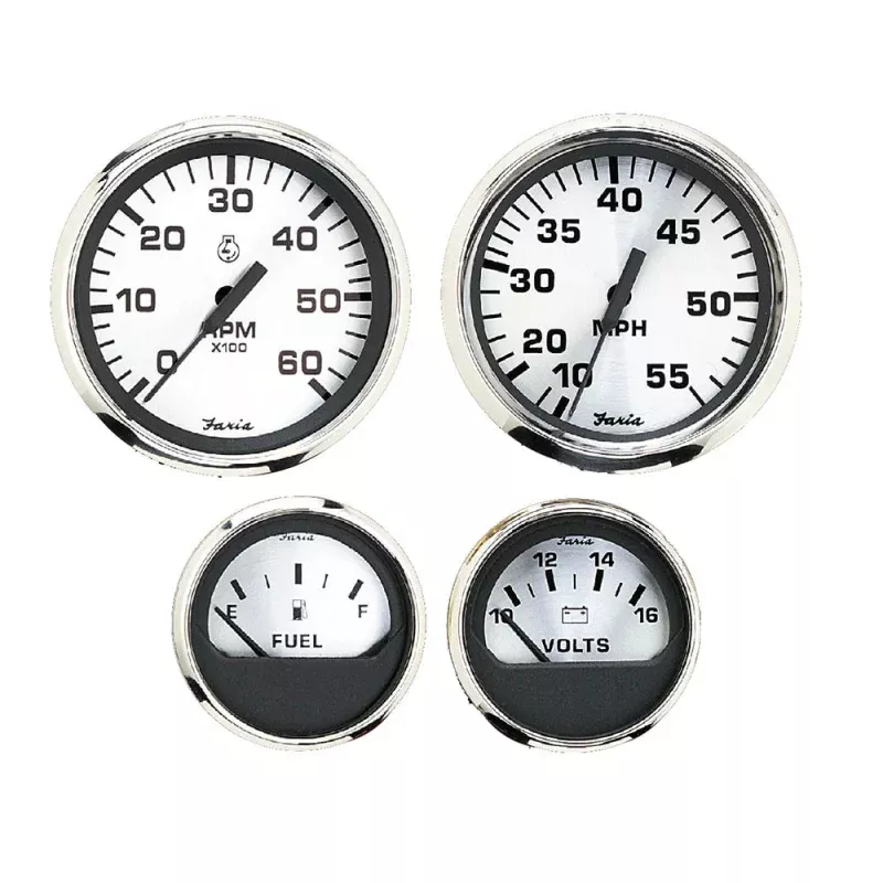 Faria Spun Silver Box Set of 4 Gauges f/Outboard Engines – Speedometer, Tach, VoltmeterFuel Level