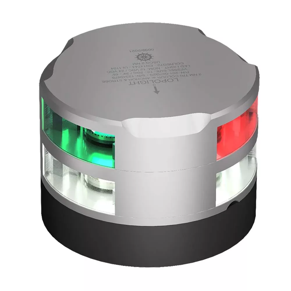 Lopolight Tri-Color Navigation Light w/Anchor Light & Strobe – 2nm – 0.7M Cable – Silver Housing