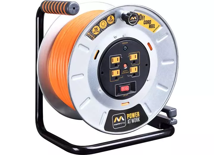 Masterplug 50' 4 Socket 15A Metal Open Cord Reel• OTMP501512G4SL-US