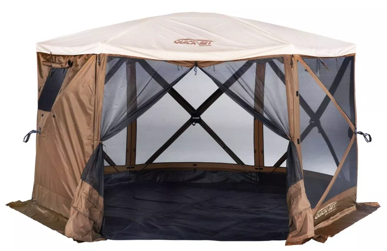 Quick-Set Escape Sky Camper 6-Sided Screen Shelter with Screen Roof/Rain Fly/Wind Panels/Floor, Brown• 12874