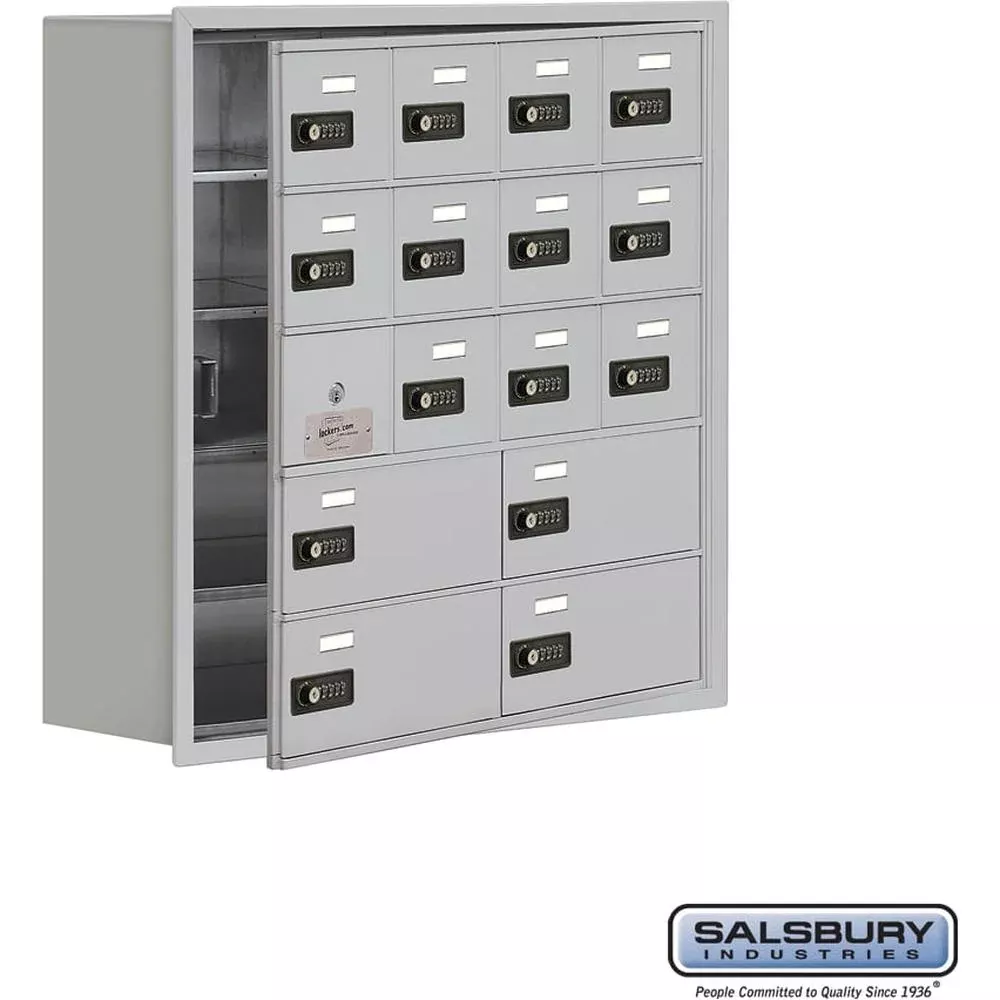 Recessed Mounted Cell Phone Storage Locker with 12 A Doors (11 usable) 4 B Doors in Aluminum – Resettable Combination Locks by Salsbury
