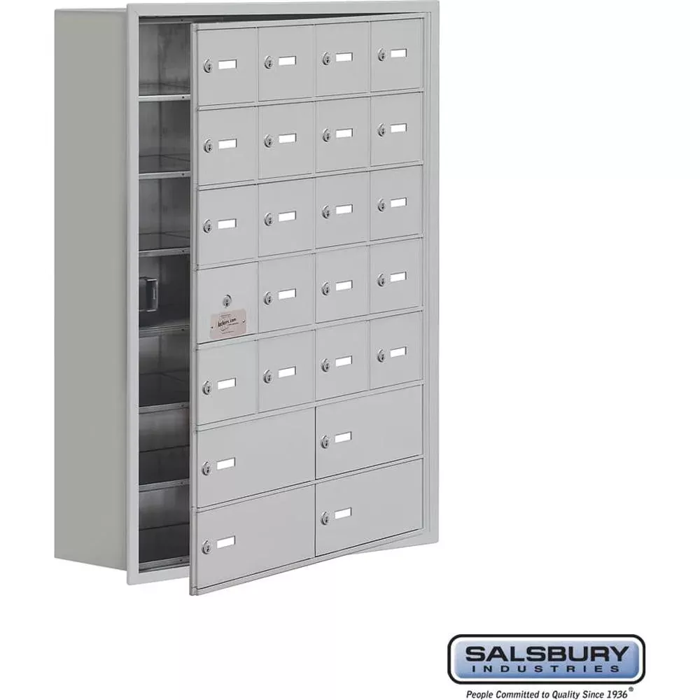 Recessed Mounted Cell Phone Storage Locker with 20 A Doors (19 usable) 4 B Doors in Aluminum – Keyed Locks by Salsbury
