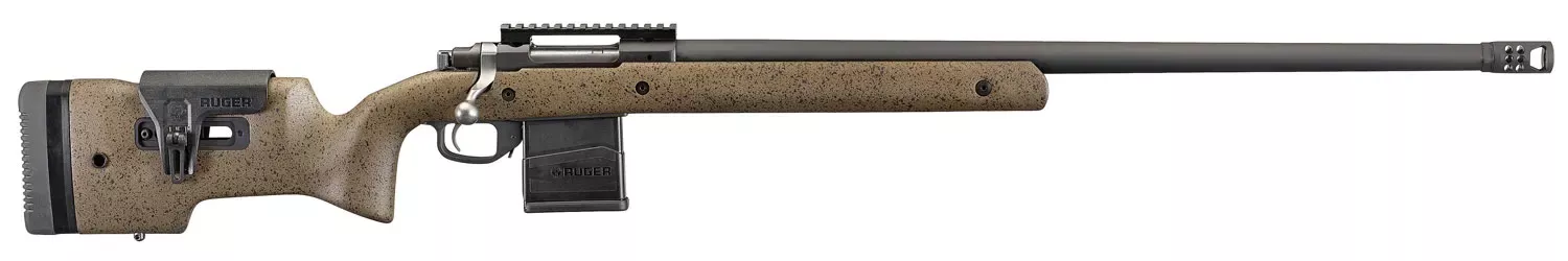 Ruger Hawkeye Long-Range Target Rifle 6.5CM 10+1 26″ Threaded Barrel Muzzle Brake Steel Receiver Laminate Stock Adjustable Comb Brown/Black 47184