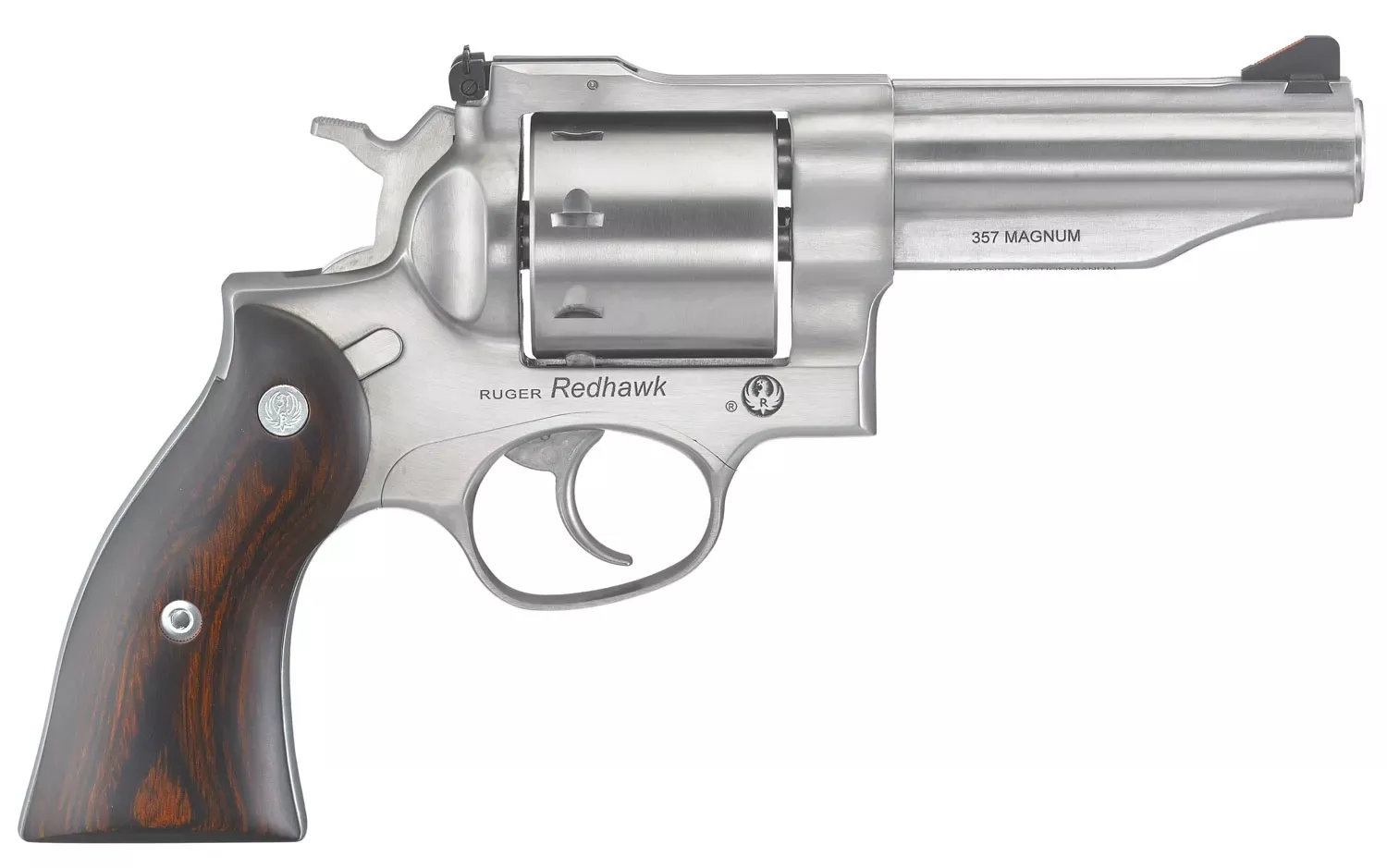 Ruger Redhawk *MA Compliant 357 Mag Revolver 4.20″ Barrel 8rd Triple-Locking Cylinder, Satin Stainless Steel, Hardwood Grip, Transfer bar Safety