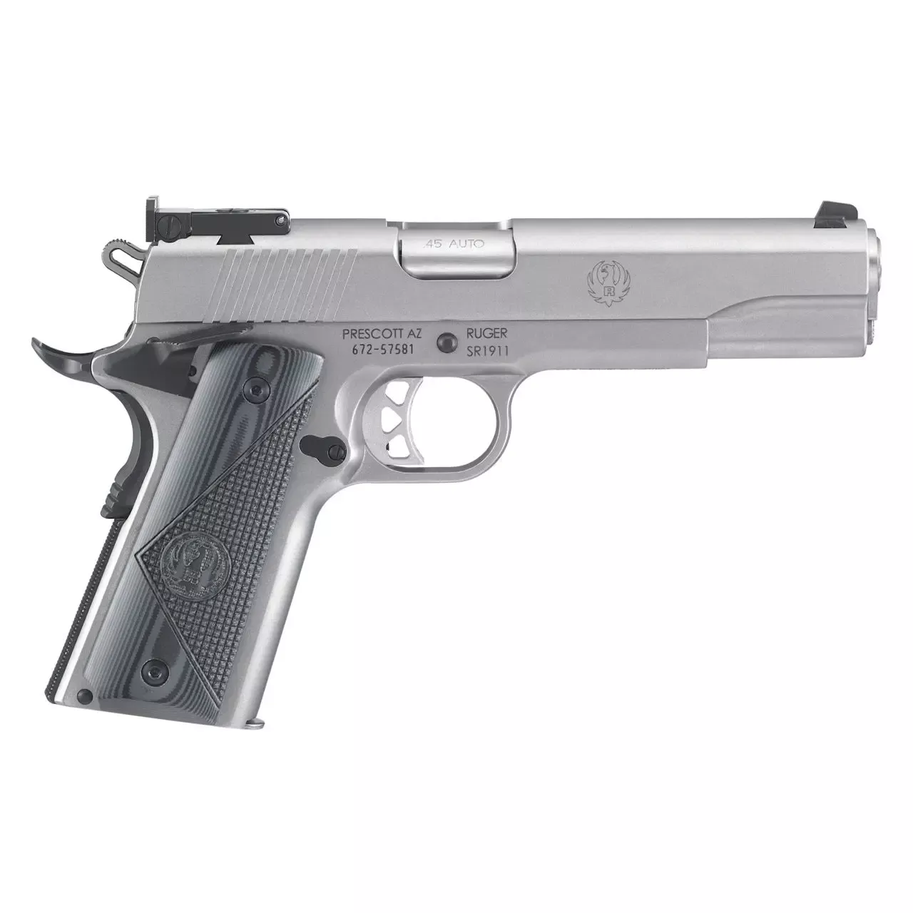 Ruger SR1911 Target 45 ACP Pistol 8+1 5″ Barrel Adjustable Rear Sight Checkered Backstrap G10 Grip Low Glare Stainless Steel SAO 6736