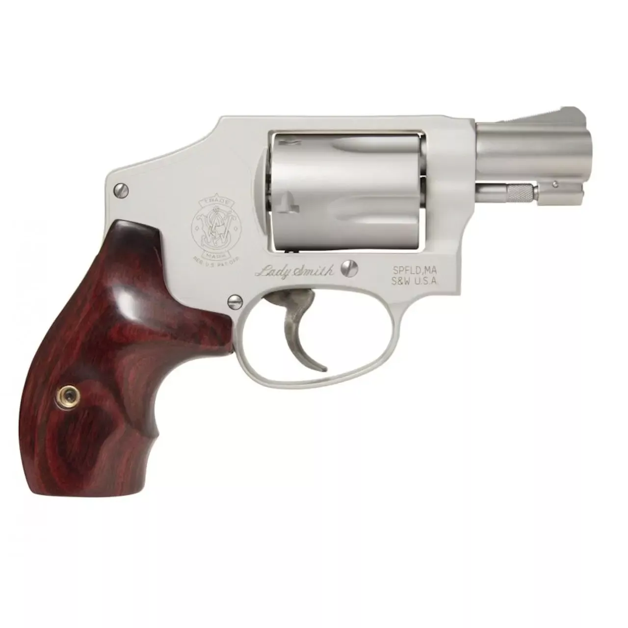 S&W 642 LadySmith .38Spl+P 5Rd 1.875″ Matte SS Barrel/Cyl Silver Alum Frame Enclosed Hammer Fixed Sights Wood Grip DAO 163808