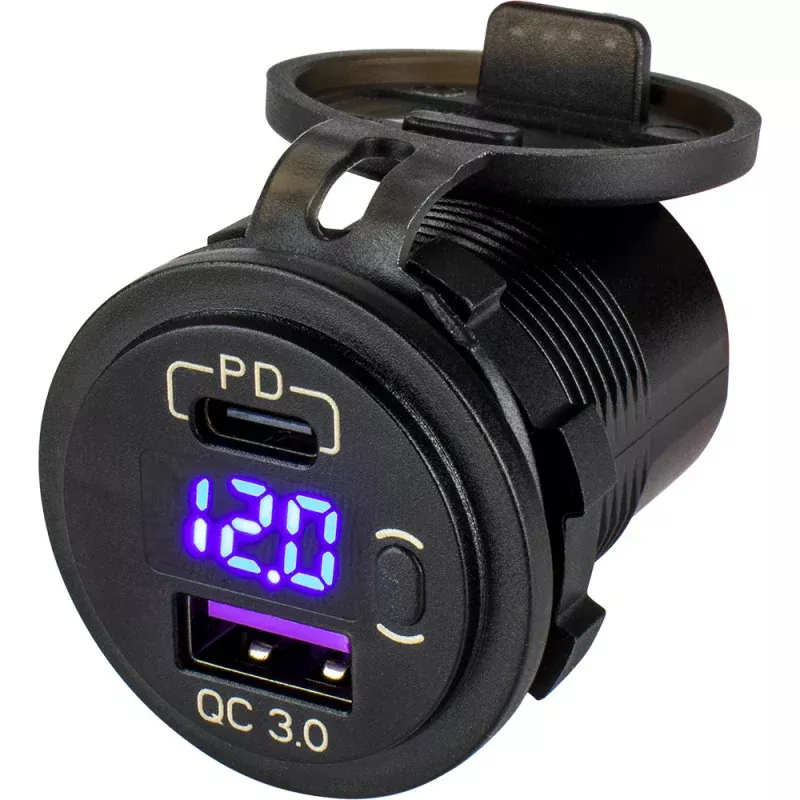 Sea-Dog Round USBUSB-C Power Socket w/Hidden Voltmeter