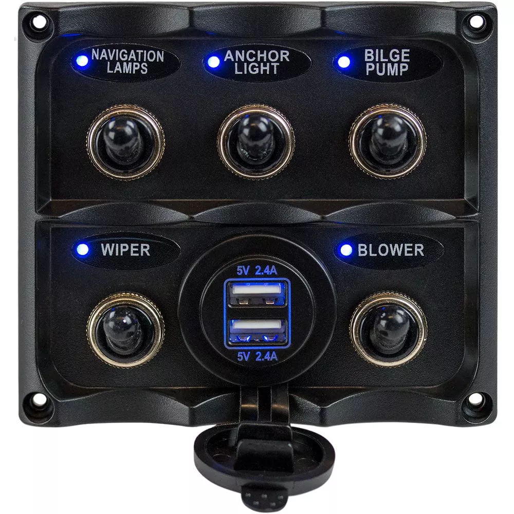 Sea-Dog Water Resistant Toggle Switch Panel w/USB Power Socket – 5 Toggle
