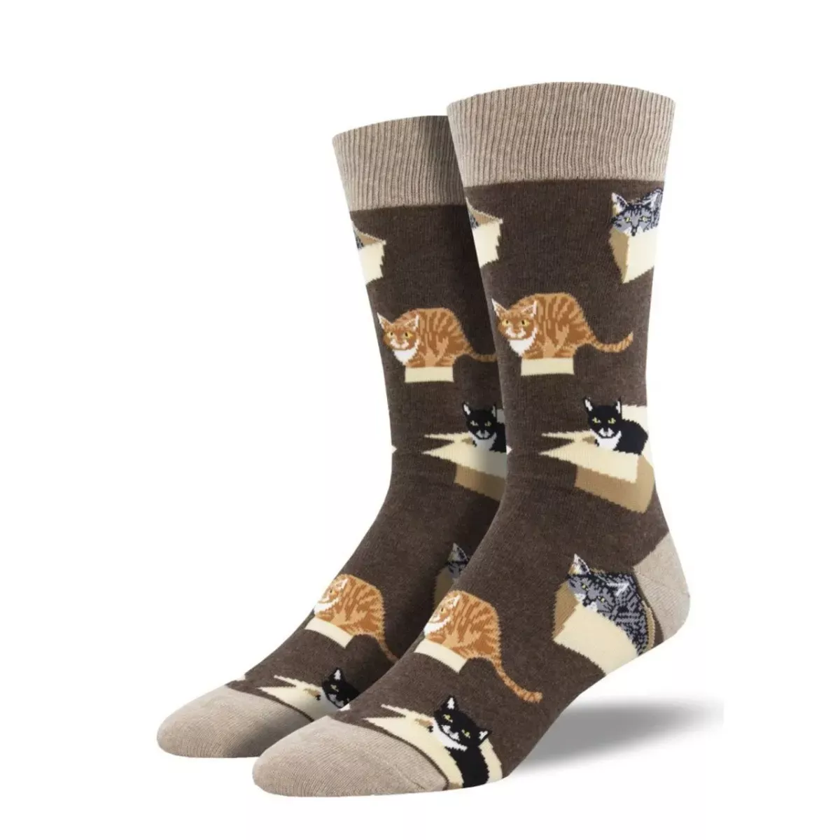 SockSmith Men's "Cat In A Box" Heather Brown Socks