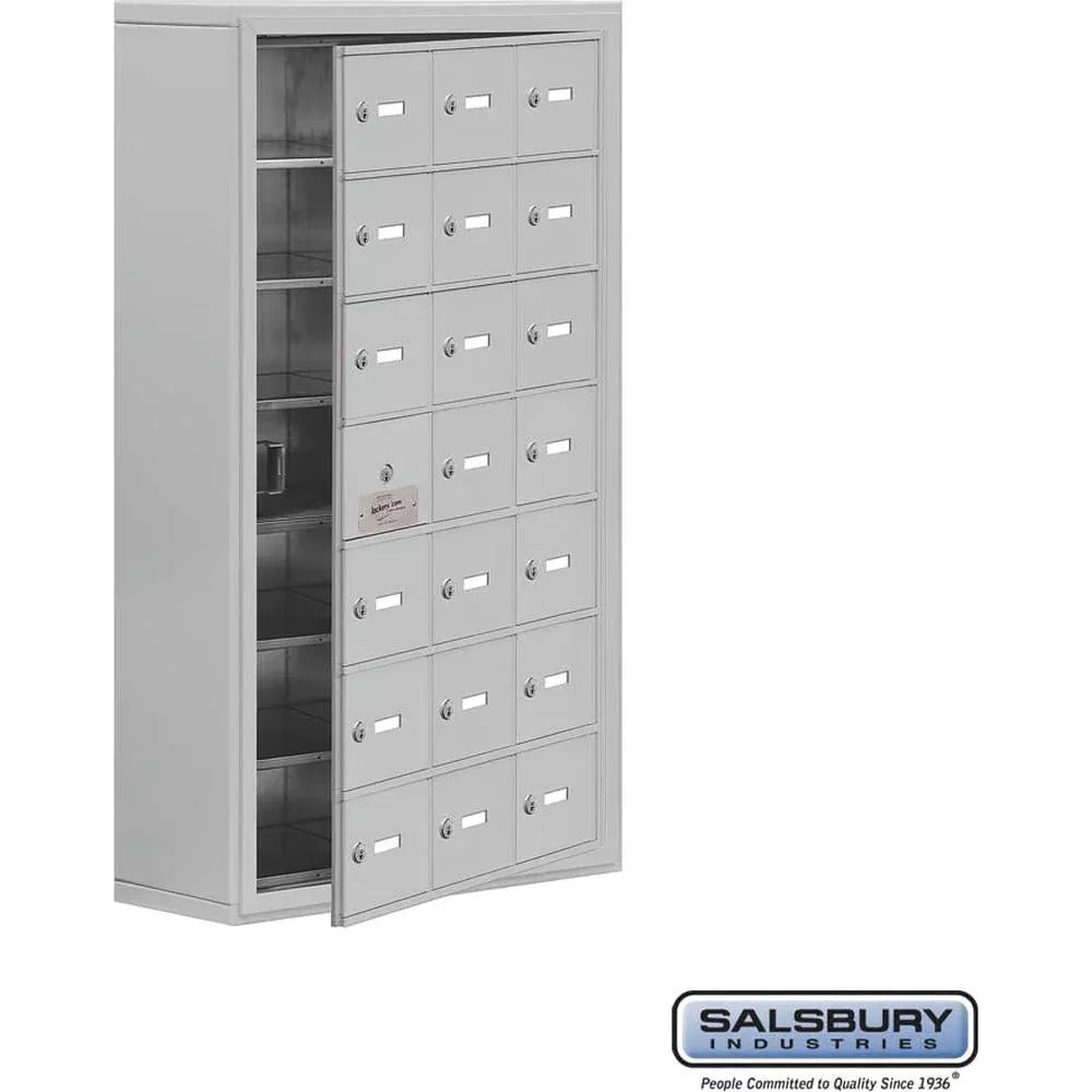 Surface Mounted Cell Phone Storage Locker with 21 A Doors (20 usable) in Aluminum – Keyed Locks by Salsbury
