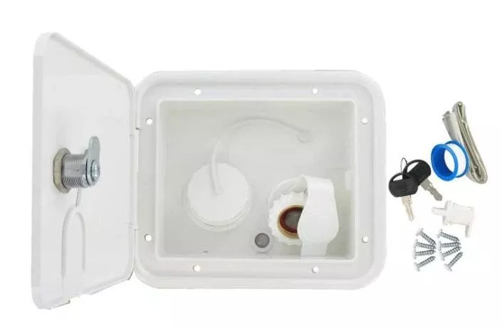 Valterra Water Inlet and Lockable Hatch for RVs – Brass – White – Gravity Fill• A01-2000VP